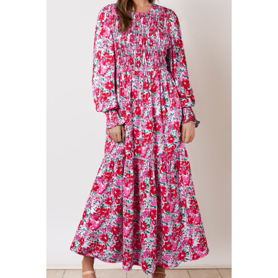 Printed Round Neck Lantern Sleeve Maxi Dress Apparel and Accessories