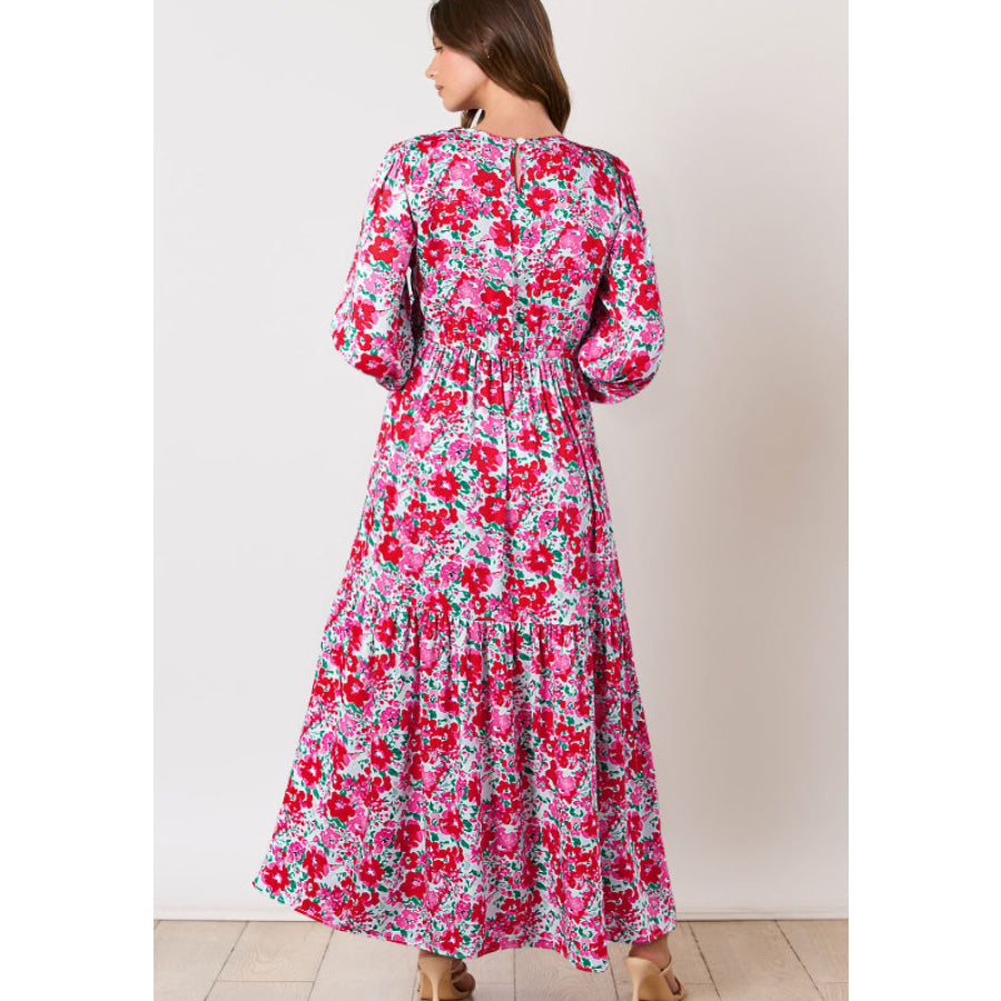 Printed Round Neck Lantern Sleeve Maxi Dress Apparel and Accessories