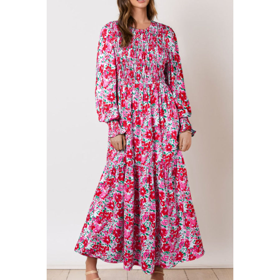 Printed Round Neck Lantern Sleeve Maxi Dress Pink / S Apparel and Accessories