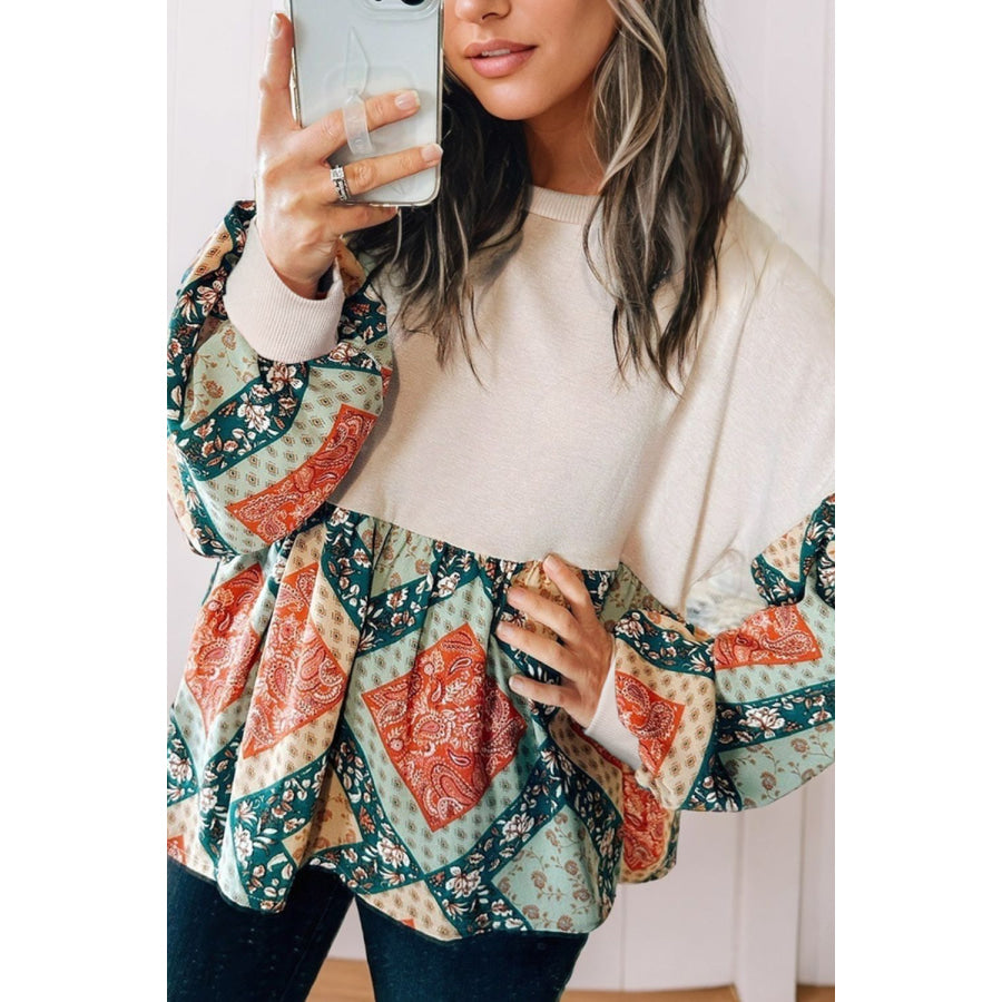 Printed Round Neck Long Sleeve Blouse Apparel and Accessories