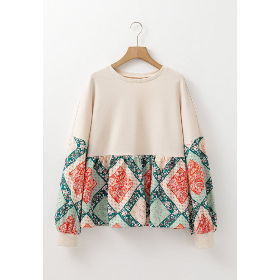 Printed Round Neck Long Sleeve Blouse Apparel and Accessories