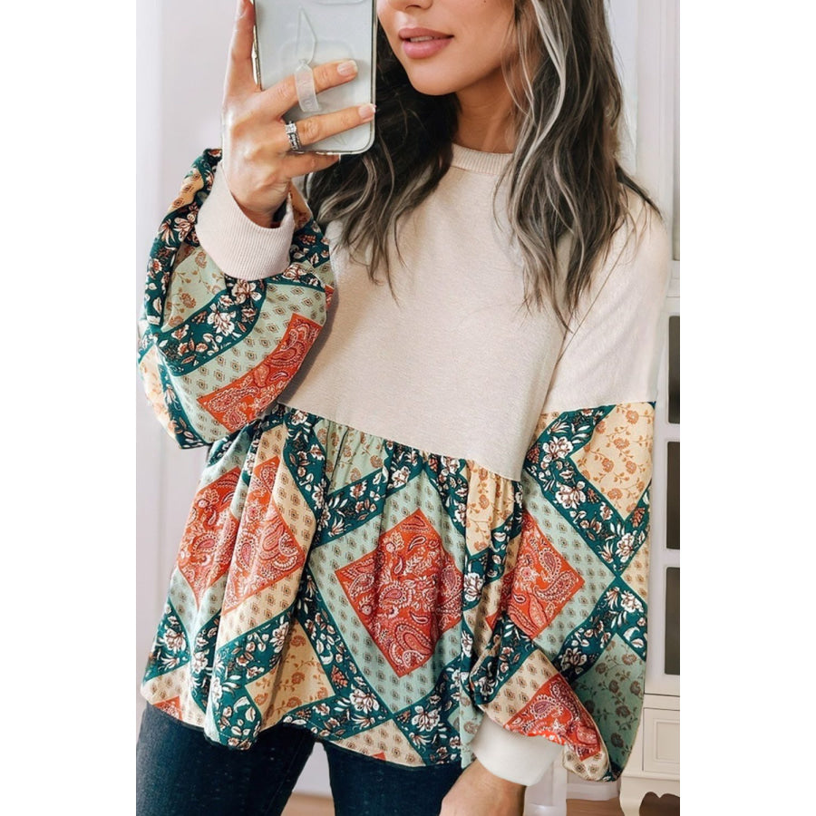 Printed Round Neck Long Sleeve Blouse Beige / S Apparel and Accessories