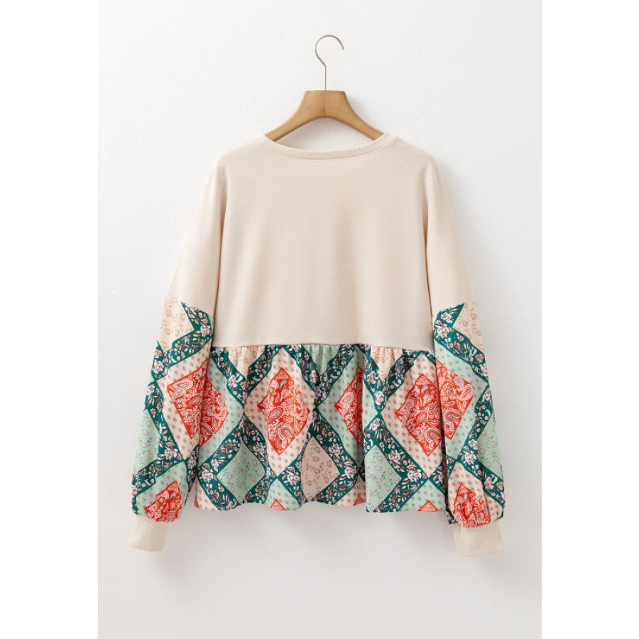 Printed Round Neck Long Sleeve Blouse Apparel and Accessories