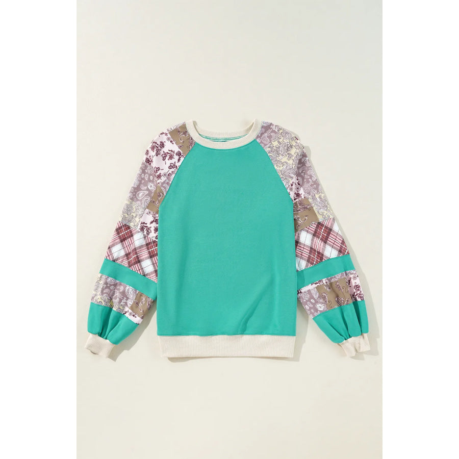 Printed Round Neck Long Sleeve Blouse Turquoise / S Apparel and Accessories