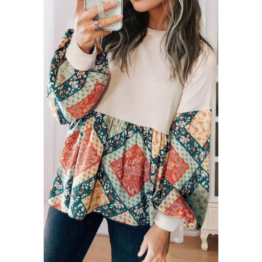 Printed Round Neck Long Sleeve Blouse Beige / S Apparel and Accessories