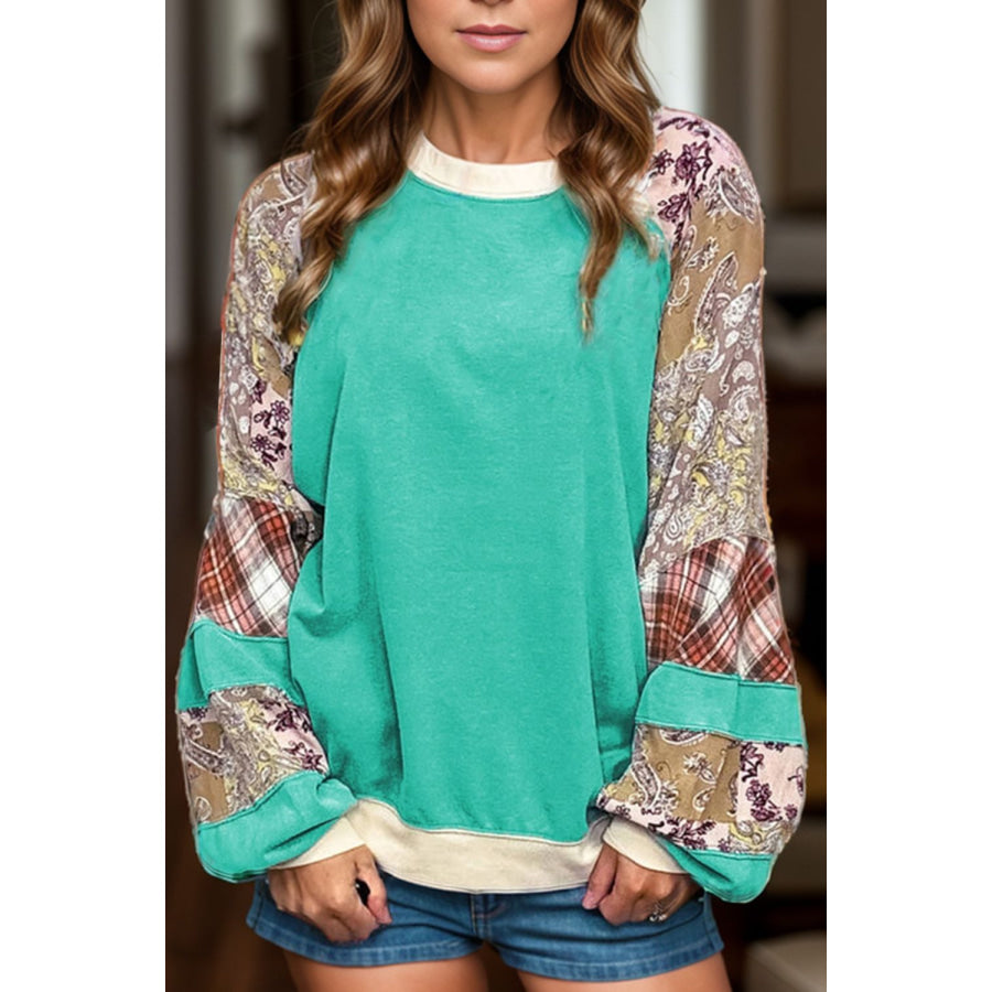 Printed Round Neck Long Sleeve Blouse Turquoise / S Apparel and Accessories
