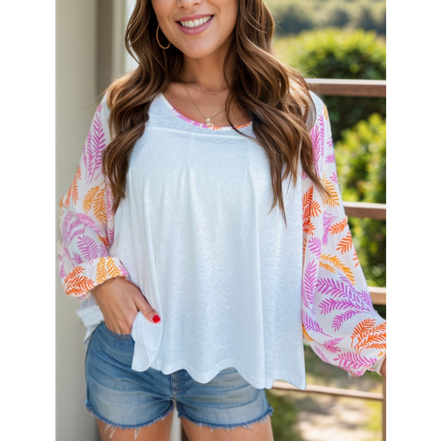 Printed Round Neck Long Sleeve Blouse White / S Apparel and Accessories