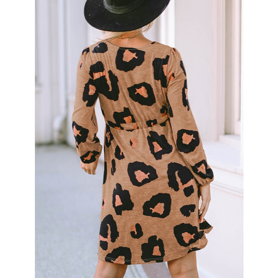 Printed Round Neck Long Sleeve Button-Up Dress