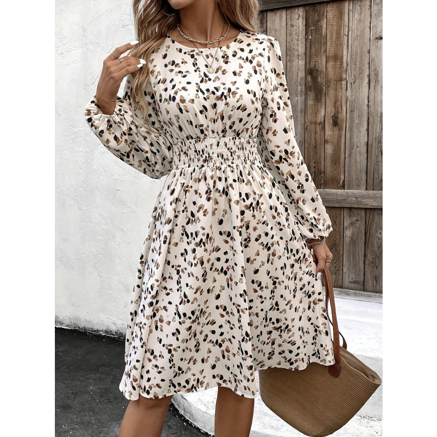 Printed Round Neck Long Sleeve Dress Apparel and Accessories