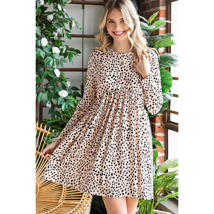 Printed Round Neck Long Sleeve Dress Sand / S