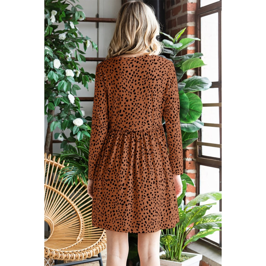 Printed Round Neck Long Sleeve Dress