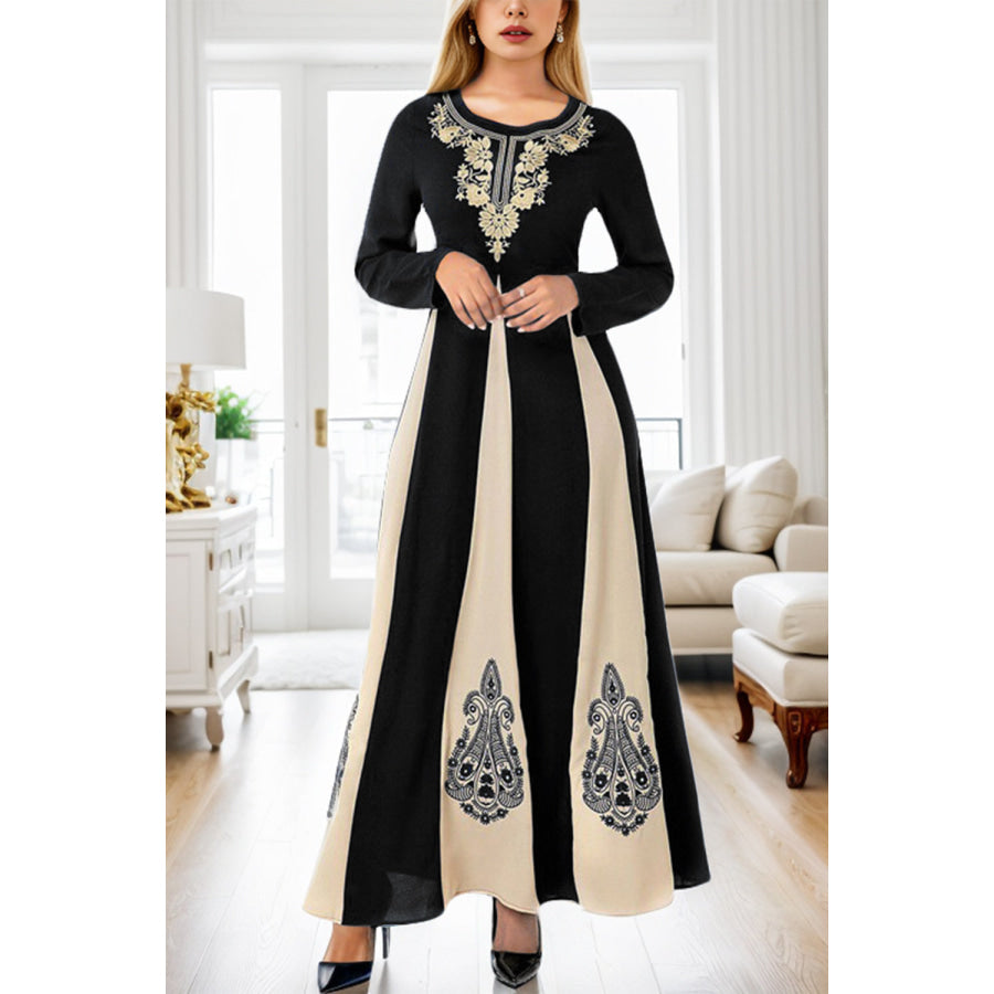 Printed Round Neck Long Sleeve Maxi Dress Apparel and Accessories