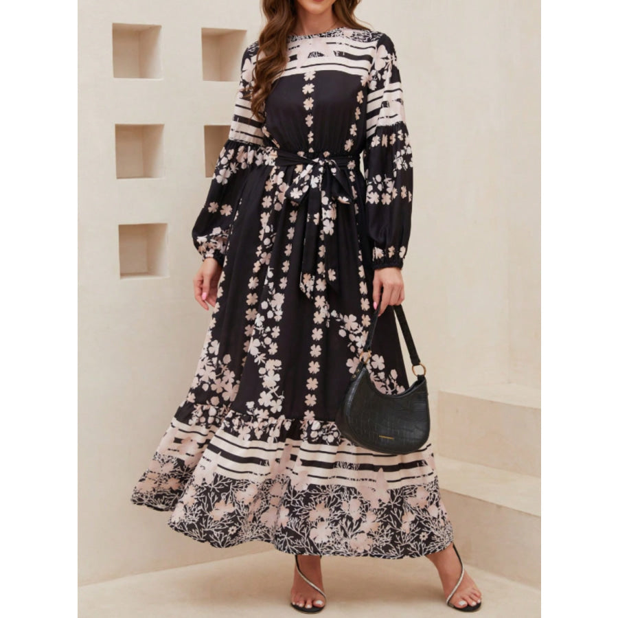 Printed Round Neck Long Sleeve Maxi Dress with Pockets Apparel and Accessories