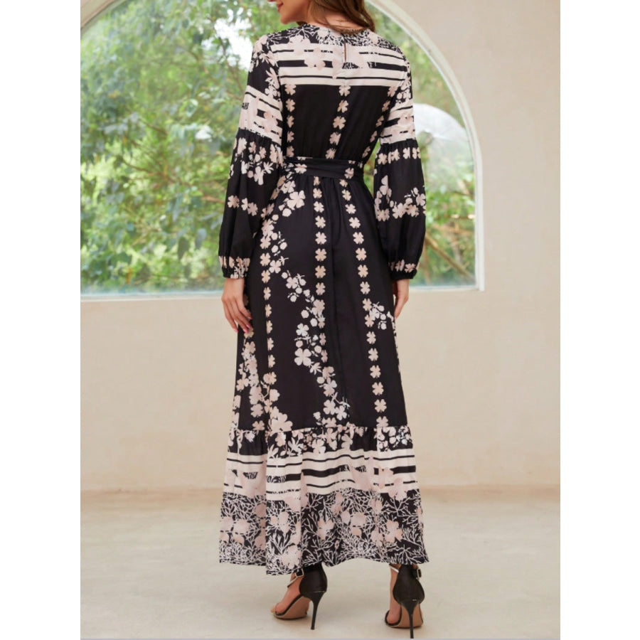 Printed Round Neck Long Sleeve Maxi Dress with Pockets Apparel and Accessories