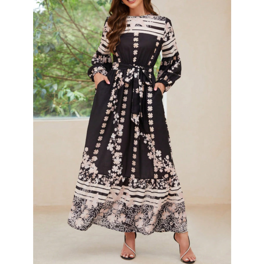 Printed Round Neck Long Sleeve Maxi Dress with Pockets Black / S Apparel and Accessories