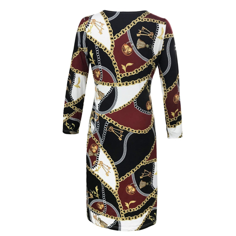 Printed Round Neck Long Sleeve Midi Dress Apparel and Accessories