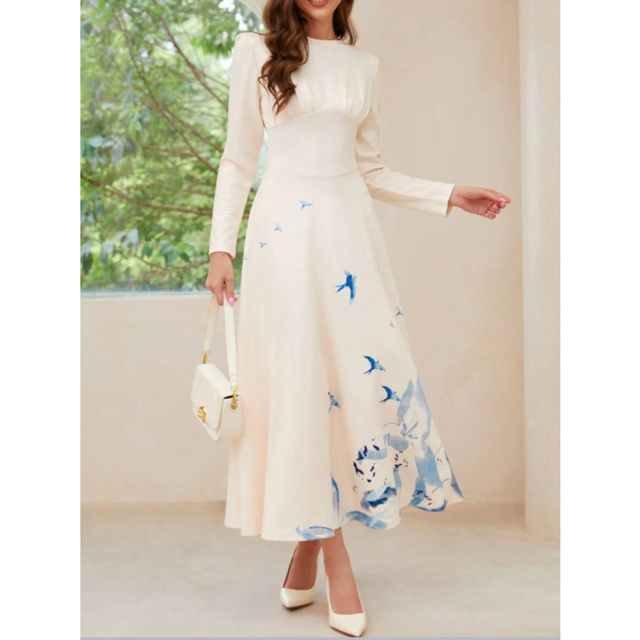 Printed Round Neck Long Sleeve Midi Dress Apparel and Accessories