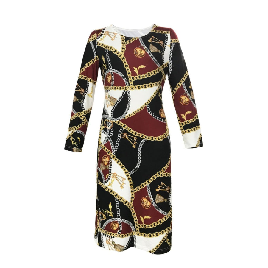 Printed Round Neck Long Sleeve Midi Dress Apparel and Accessories