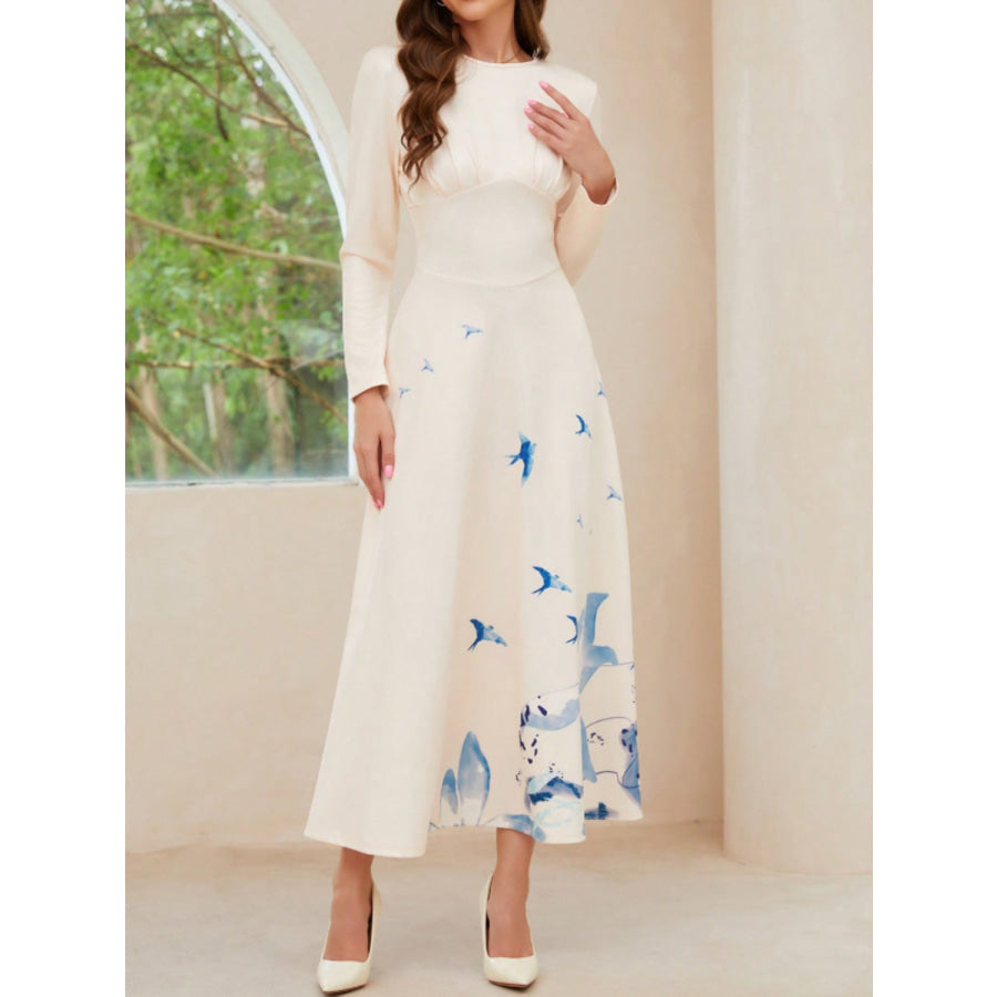 Printed Round Neck Long Sleeve Midi Dress Cream / S Apparel and Accessories