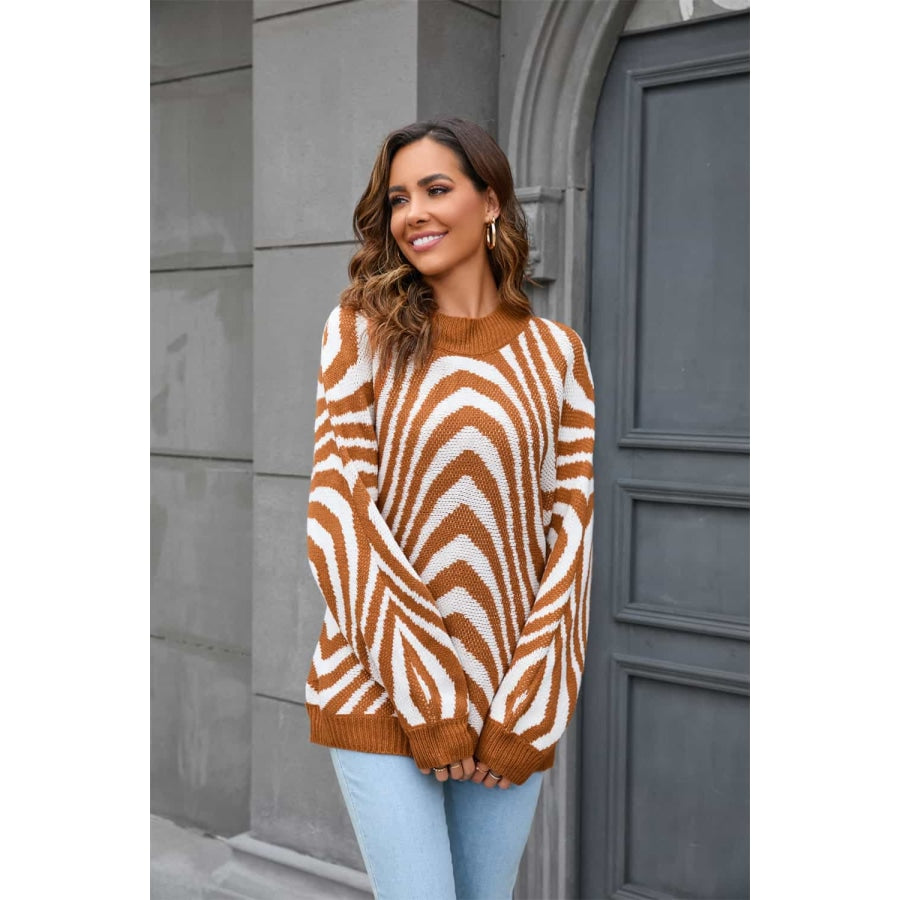 Printed Round Neck Long Sleeve Pullover Sweater