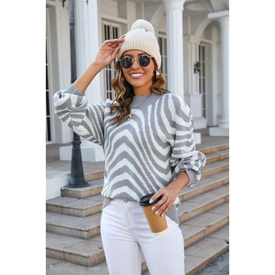 Printed Round Neck Long Sleeve Pullover Sweater