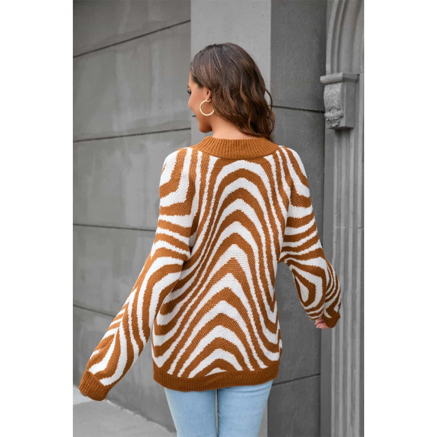 Printed Round Neck Long Sleeve Pullover Sweater