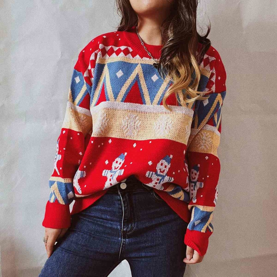 Printed Round Neck Long Sleeve Sweater Red / S