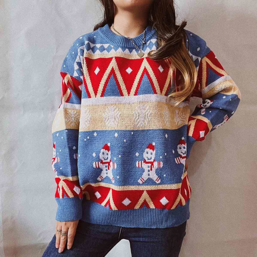 Printed Round Neck Long Sleeve Sweater Sky Blue / S