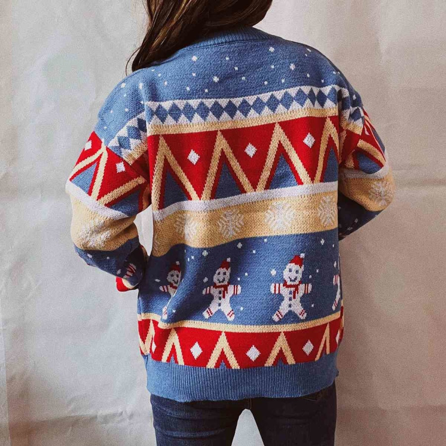 Printed Round Neck Long Sleeve Sweater Sky Blue / S