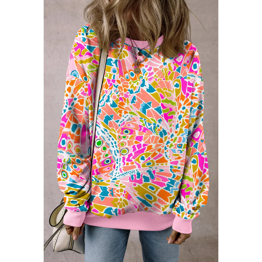 Printed Round Neck Long Sleeve Sweatshirt Apparel and Accessories