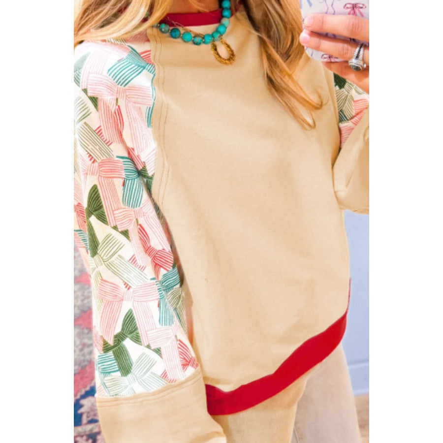 Printed Round Neck Long Sleeve Sweatshirt Beige / S Apparel and Accessories