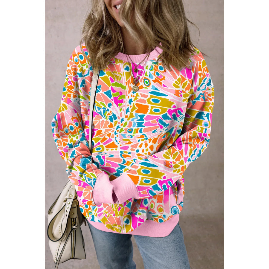 Printed Round Neck Long Sleeve Sweatshirt Fuchsia Pink / S Apparel and Accessories