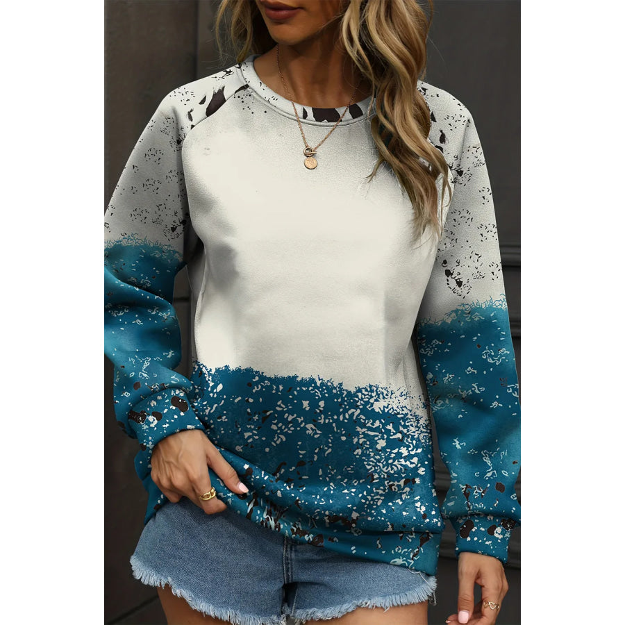 Printed Round Neck Long Sleeve Sweatshirt Peacock Blue / S Apparel and Accessories