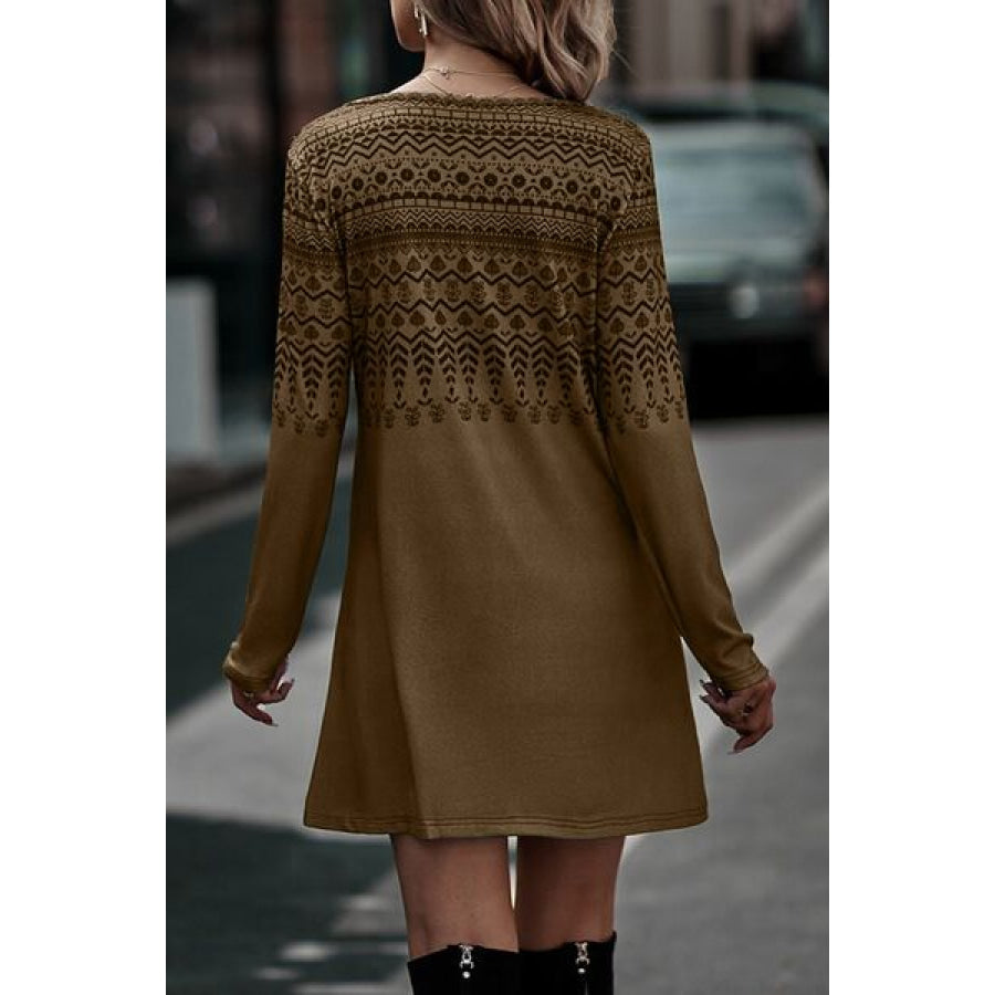 Printed Round Neck Long Sleeve T-Shirt Chocolate / S Apparel and Accessories