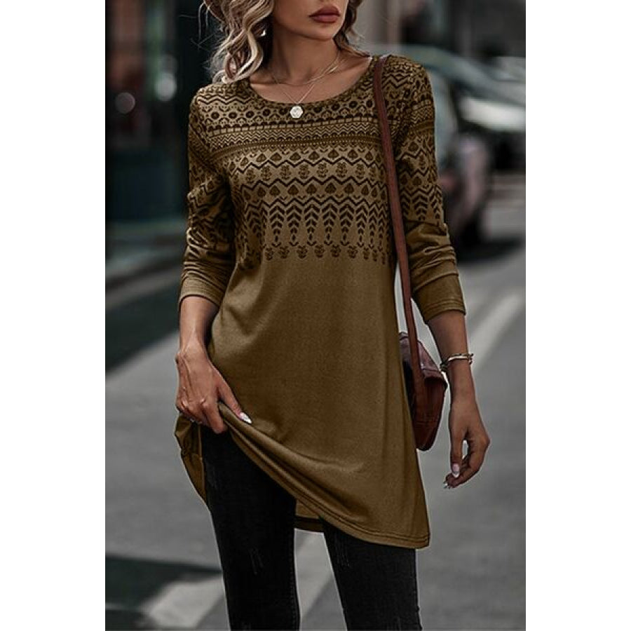 Printed Round Neck Long Sleeve T-Shirt Chocolate / S Apparel and Accessories