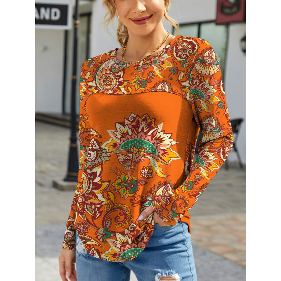 Printed Round Neck Long Sleeve T-Shirt Ochre / S Apparel and Accessories