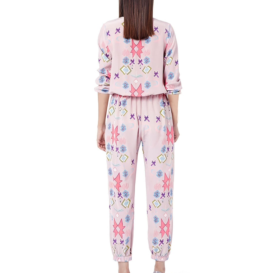 Printed Round Neck Long Sleeve Top and Pants Lounge Set Apparel and Accessories