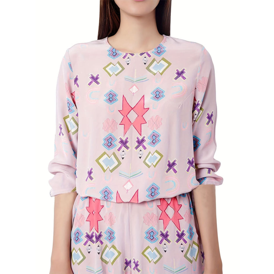 Printed Round Neck Long Sleeve Top and Pants Lounge Set Apparel and Accessories