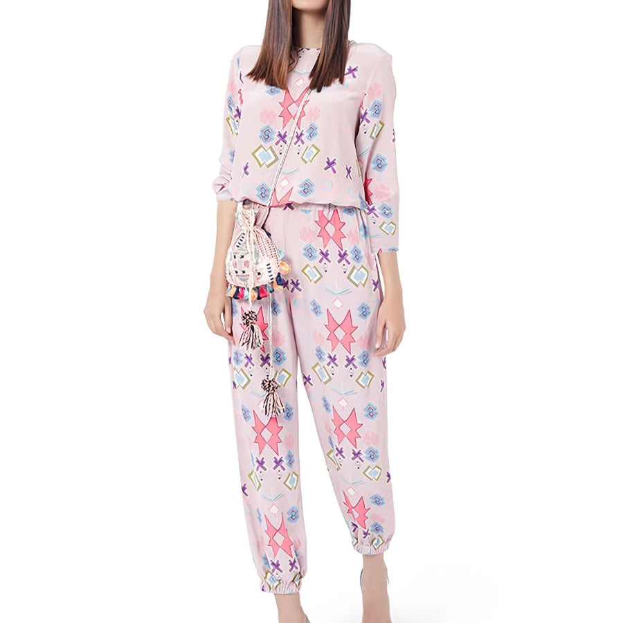 Printed Round Neck Long Sleeve Top and Pants Lounge Set Apparel and Accessories