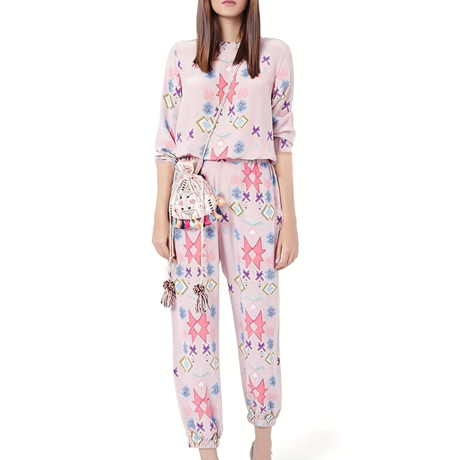 Printed Round Neck Long Sleeve Top and Pants Lounge Set Blush Pink / S Apparel and Accessories