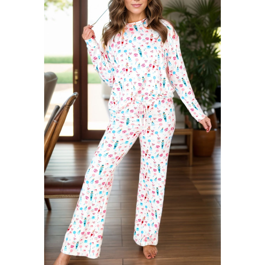 Printed Round Neck Long Sleeve Top and Pants Lounge Set White / S Apparel and Accessories