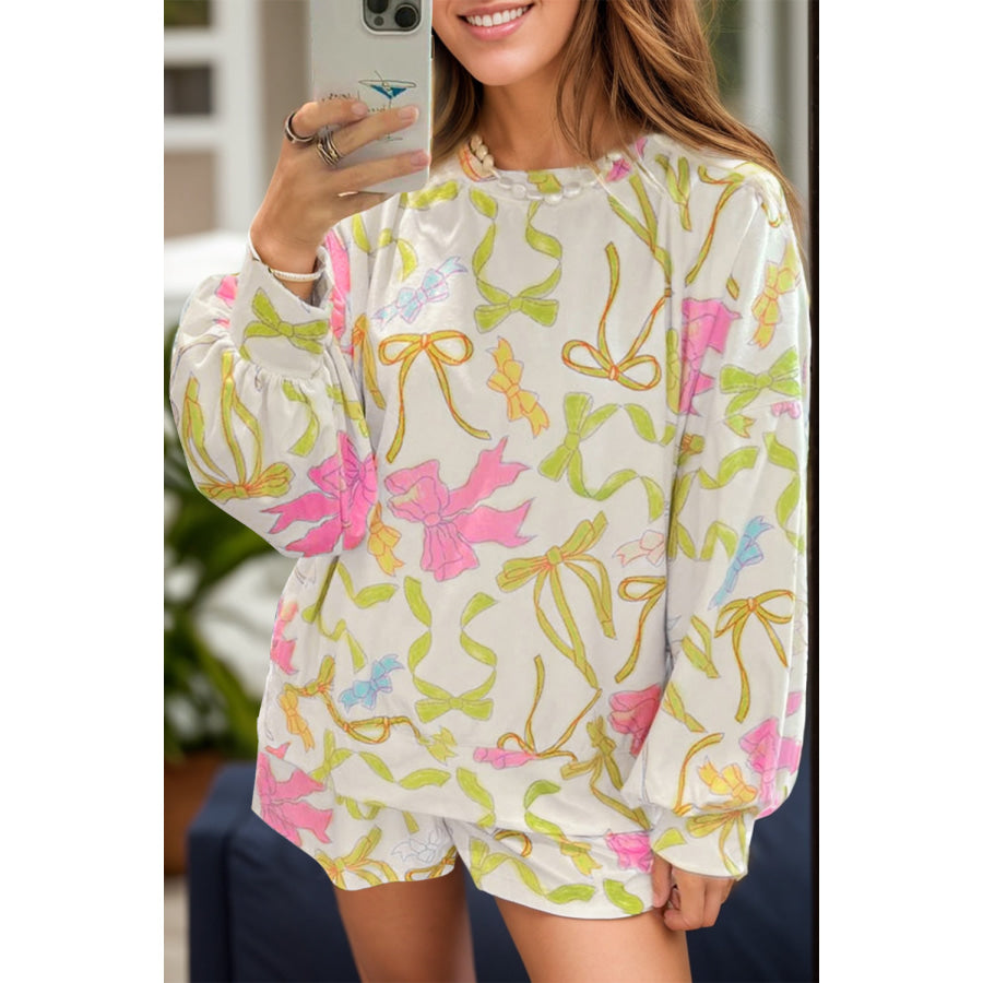 Printed Round Neck Long Sleeve Top and Shorts Set White / S Apparel and Accessories