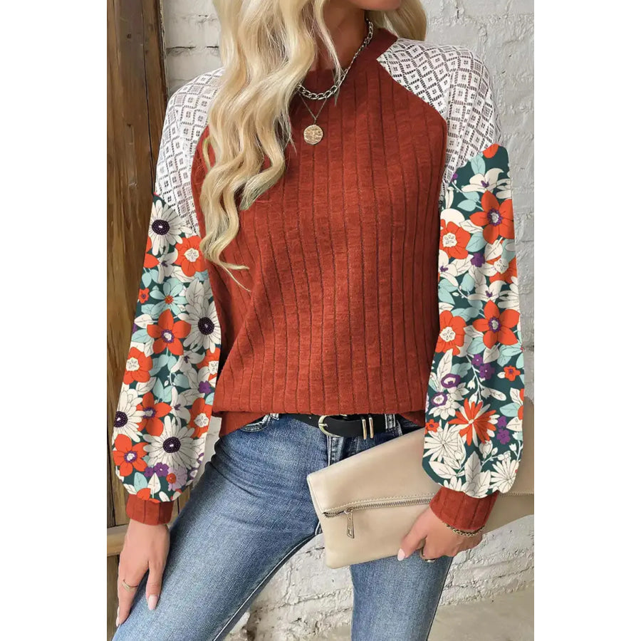 Printed Round Neck Long Sleeve Top Apparel and Accessories