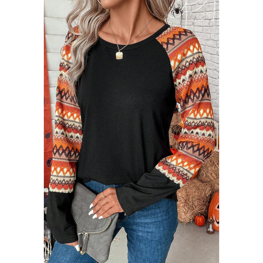 Printed Round Neck Long Sleeve Top Apparel and Accessories