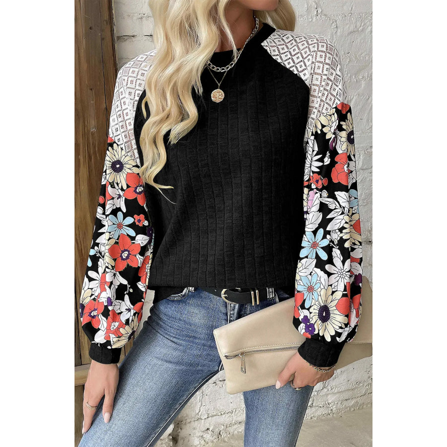 Printed Round Neck Long Sleeve Top Black / M Apparel and Accessories