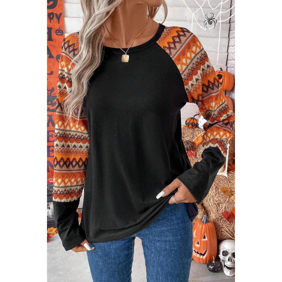 Printed Round Neck Long Sleeve Top Black / S Apparel and Accessories