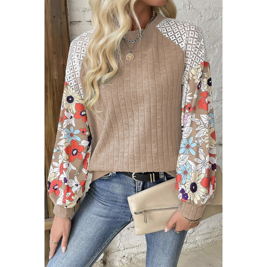 Printed Round Neck Long Sleeve Top Dust Storm / M Apparel and Accessories