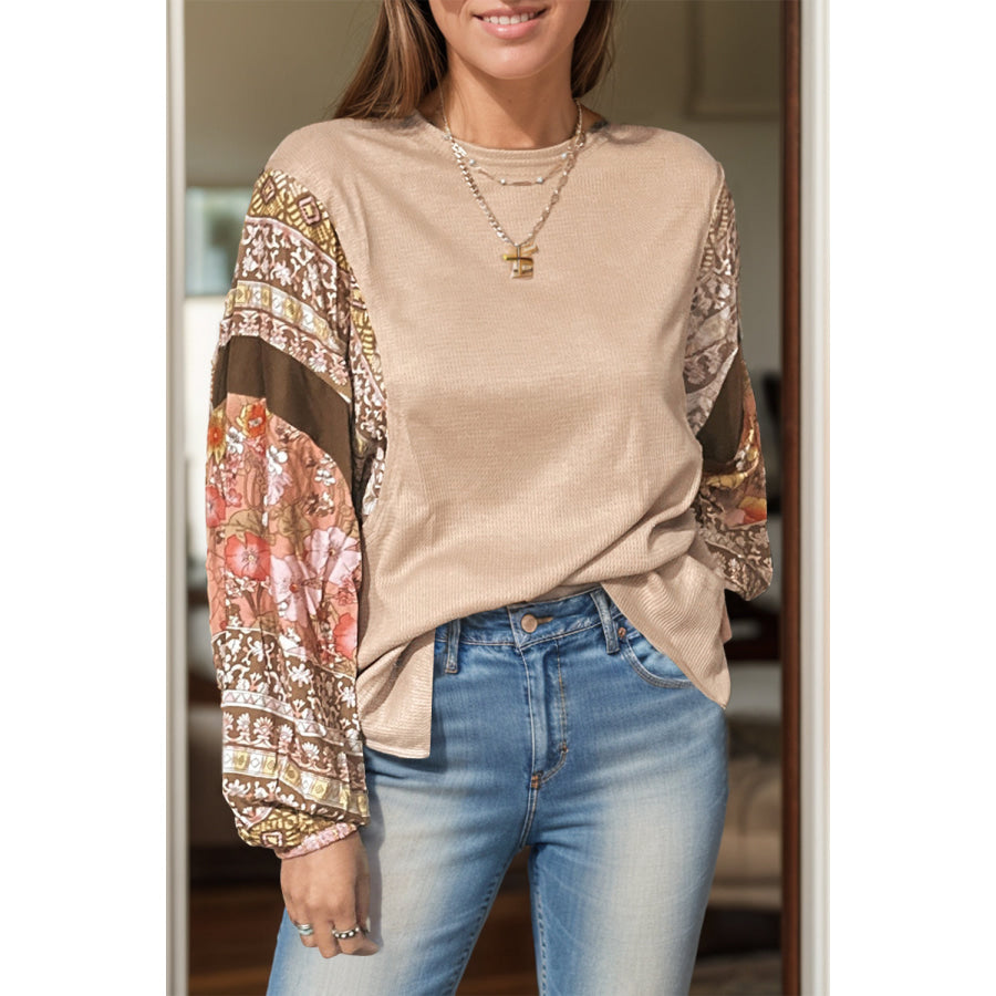 Printed Round Neck Long Sleeve Top Dust Storm / S Apparel and Accessories