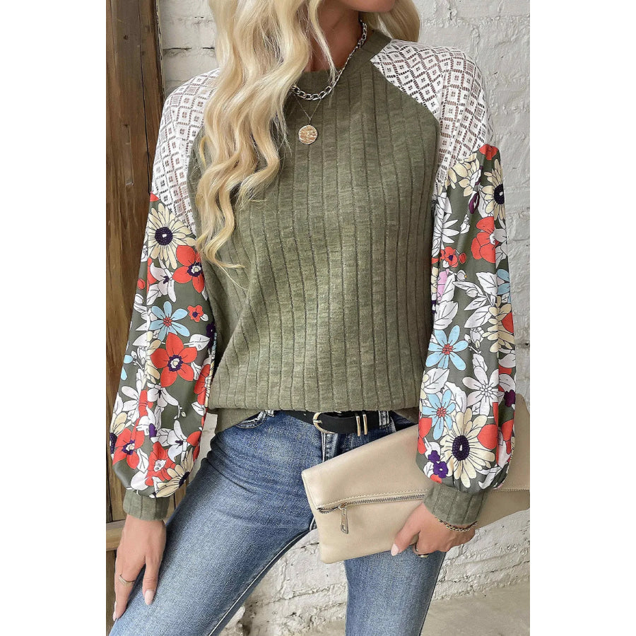 Printed Round Neck Long Sleeve Top Moss / S Apparel and Accessories