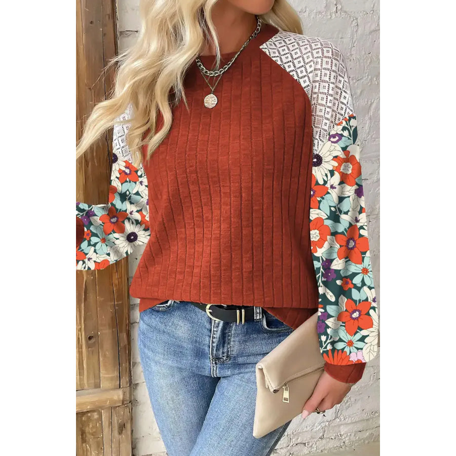 Printed Round Neck Long Sleeve Top Terracotta / S Apparel and Accessories